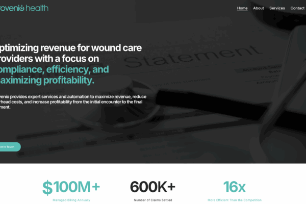 Provenio Health website showcasing a modern, minimalist design with user-friendly navigation, reflecting the brand's core values of growth, collaboration, and transparency.